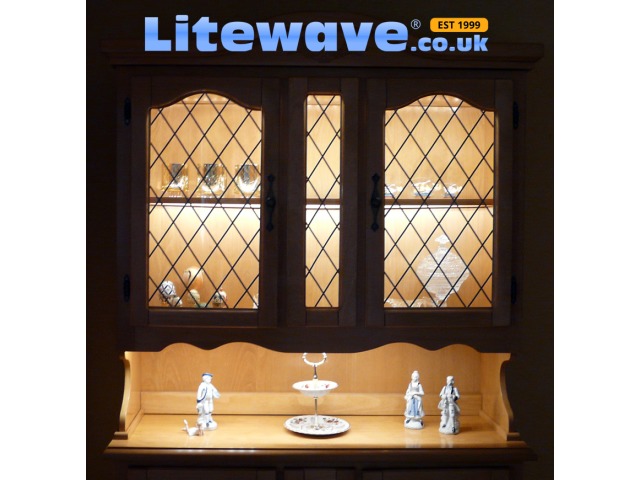 Display case with Litewave Pro Strip at night time
